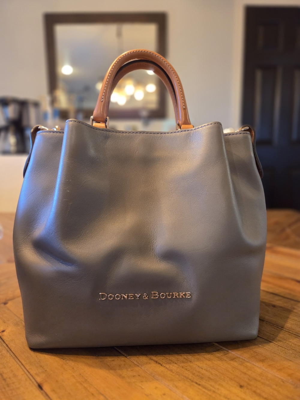 Dooney & Bourke City Barlow Gray Leather Top-Handle Tote with Tan Handles